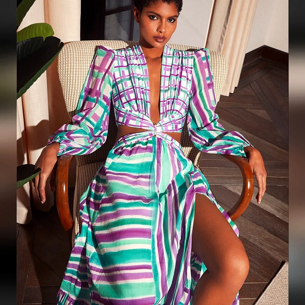 NWT$800 PatBO Seagreen Riviera Plunge Cutout Maxi Bodysuit Dress Open Back S 2-4 - Picture 2 of 16